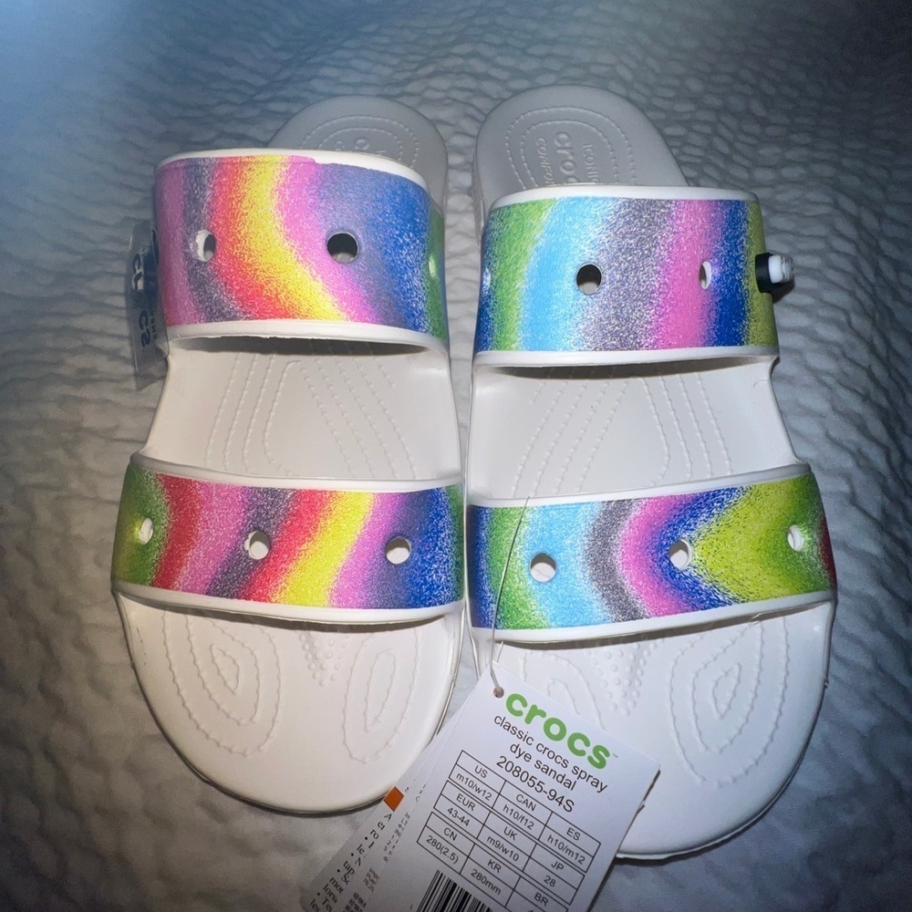 Unisex tie dye crocs new men’s 10 women’s 12 rainbow white slides sandals - Picture 3 of 7